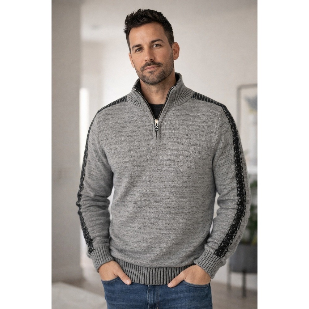 Rock & Republic Mens Grey Quarter Zip Sweater Black Stripe Sleeve‎ Mock Neck L